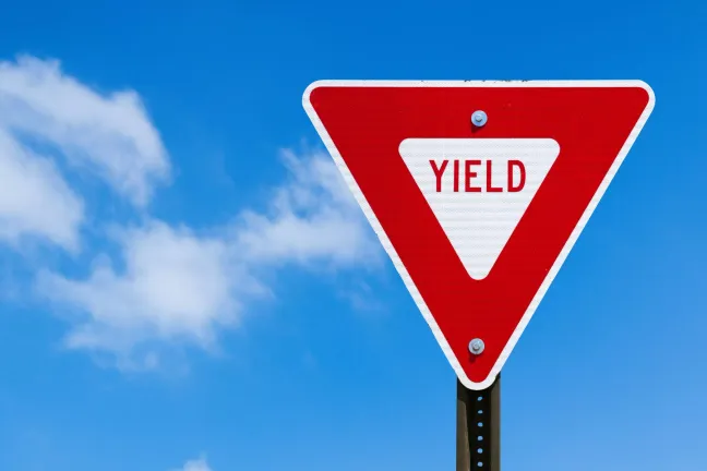 A street signal, a white triangle with red border with a red YIELD word inside it