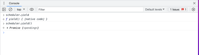 scheduler.yield is present, scheduler.yield() returns a Promise (pending)