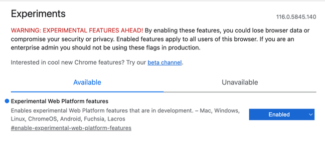 Experimental web platform features enabled in Chrome browser's settings