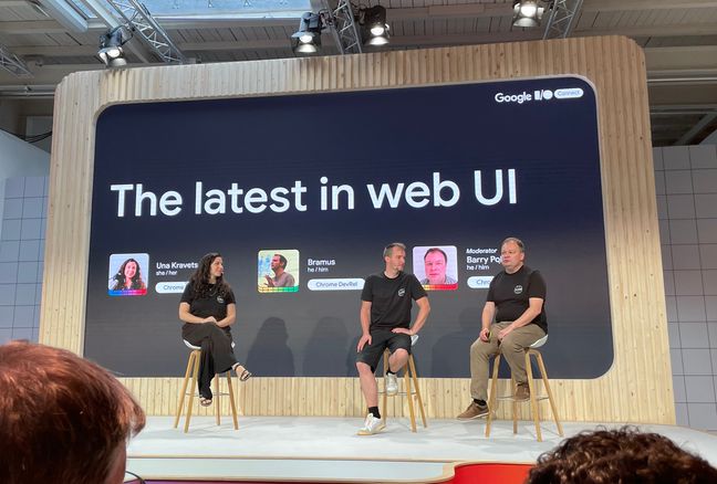 Una Kravetz, Bramus, and Barry Pollard from Google, on stage at The Latest in Web UI