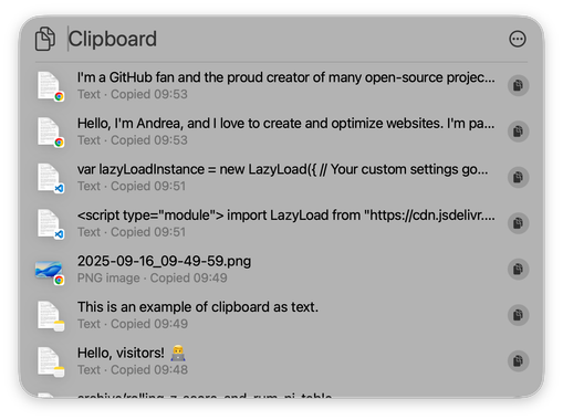 Spotlight overlay showing the title 'Clipboard' and – in the history – different text, code and image items